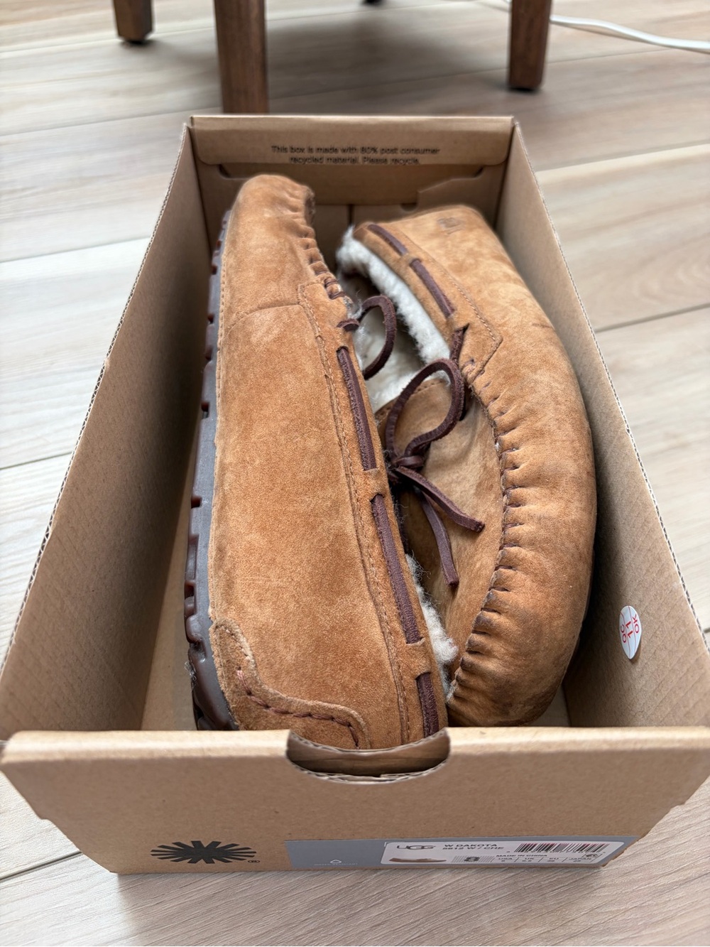 UGG Chestnut Suede Moccasin Slippers with Shearling Trim - Picture 2 of 12